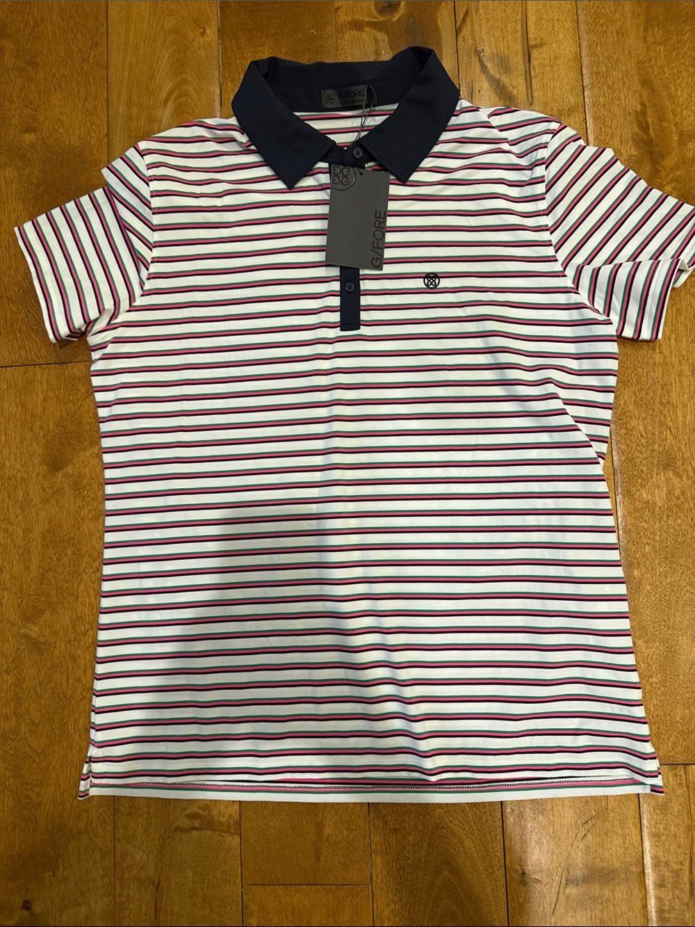 G/FORE Navy Collar White Polo with Pink & Green Stripes - Picture 2 of 3